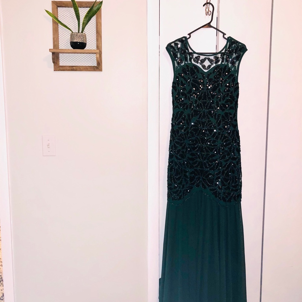 Emerald green & black beaded formal gown